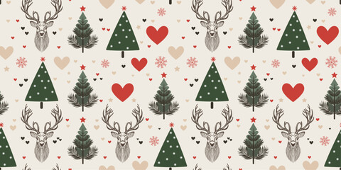 Christmas Seamless Pattern with Reindeers, Christmas Tree, Snowflakes, and Love. Scandinavian Theme Vector Illustration.