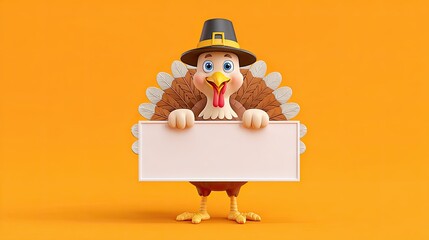 Funny cartoon turkey with pilgrim hat holding blank sign on orange background for Thanksgiving celebration