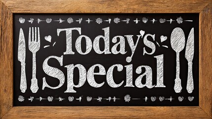 Today’s special chalkboard sign with white chalk text and cutlery illustration framed in wood for restaurant display