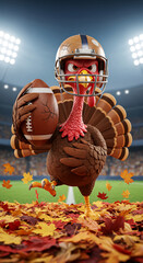 Cartoon turkey wearing football helmet, holding a football in a stadium with falling autumn leaves, representing Thanksgiving or a seasonal sport event
