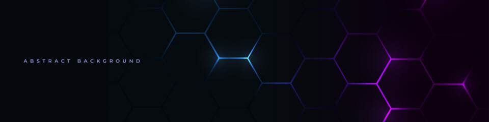 Hexagonal technology futuristic dark wide vector abstract background with blue and pink colored bright flashes under hexagon. Gaming honeycomb abstract banner design.
