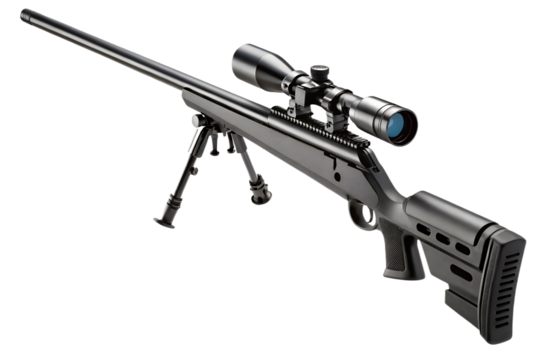 Sniper rifle, sleek long barrel, scope visible, isolated PNG transparent background