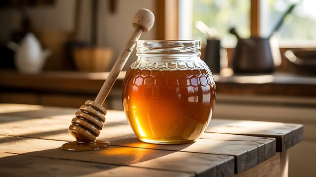 Golden liquid honey fills a clear glass jar with a wooden dipper resting against it on a rustic wooden table bathed in warm sunlight