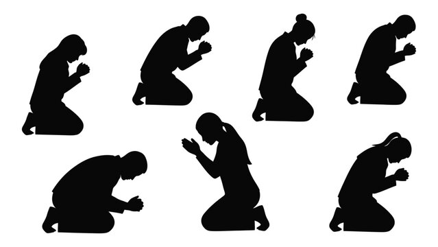 People kneeling in prayer silhouettes isolated on white background, Vector