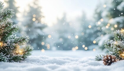 Winter wonderland scene with snowy pines soft bokeh lights nature photography serene environment close-up viewpoint holiday spirit concept