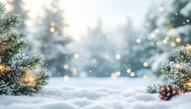 Winter wonderland scene with snowy pines soft bokeh lights nature photography serene environment close-up viewpoint holiday spirit concept - Powered by Adobe