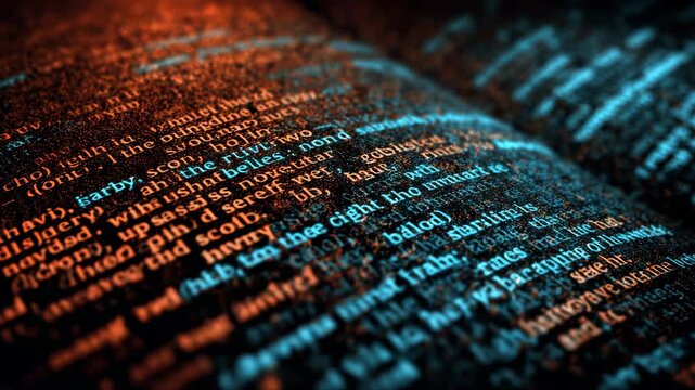 Close-up of textured open book with illuminated orange and blue letters