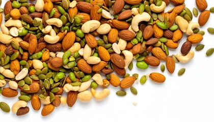 Assorted Nuts and Seeds on White Background, Healthy Snack Composition