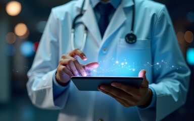 doctor using a digital tablet with AI healthcare Telemedicine technology. Futuristic medical innovation with smart data analysis and neural interface. artificial intelligence in modern medicine