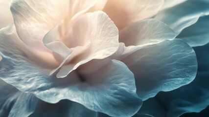 Macro photograph of a delicate flower with soft blue and cream petals glowing in gentle light, showing natural beauty calm emotion and detailed texture dreamy artistic atmosphere of elegance and peace - Powered by Adobe