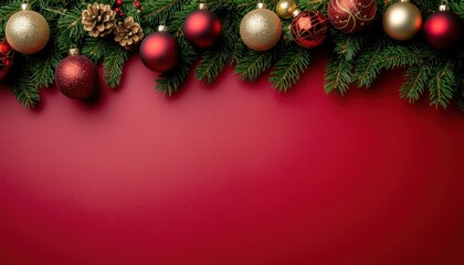 Festive christmas ornaments and pine branches holiday decor scene red background celebratory atmosphere close-up perspective joyous seasonal vibe for holiday cheer