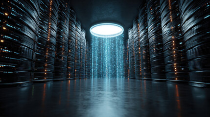 Futuristic data center with server racks and glowing light effect. a modern data center with rows of servers and a digital light display.