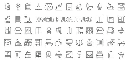 Home furniture icons in line design. home furniture, sofa, chair, table, bed, wardrobe, interior on white background vector. Home furniture editable stroke icons.