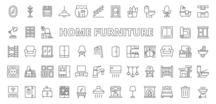 Home furniture icons in line design. home furniture, sofa, chair, table, bed, wardrobe, interior on white background vector. Home furniture editable stroke icons.