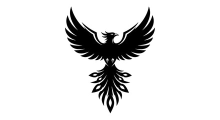 Obraz premium Black silhouette of a mythical phoenix bird with spread wings and flowing tail isolated on white background