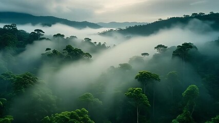 Breathtaking aerial view of a vibrant tropical rainforest shrouded in early morning mist, showcasing nature's untouched dense green canopy and serene atmosphere