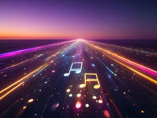 A vibrant journey through music with neon notes and colorful light trails
