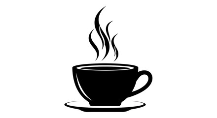 Black silhouette of a steaming coffee cup and saucer isolated on white background