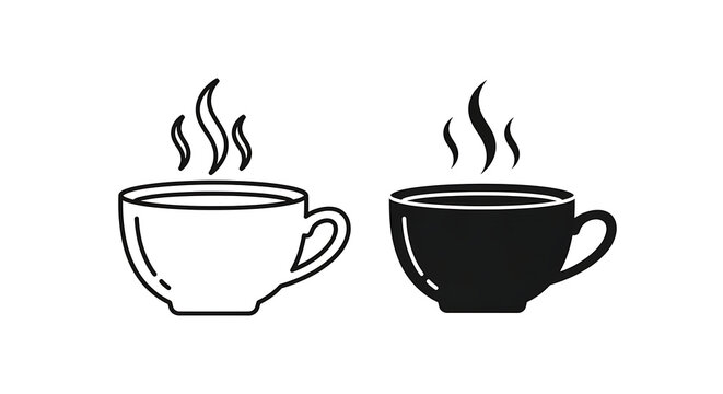 Two steaming coffee cups one outlined and one solid black isolated on white background