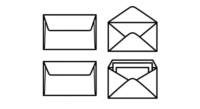 Set of four simple line art envelopes one open and one closed isolated on white background - Powered by Adobe