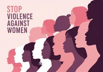Illustration depicting a diverse group of women in profile, arranged in a rising diagonal line, with the text stop violence against women prominently displayed