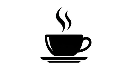 Black silhouette of a steaming coffee cup and saucer isolated on white background