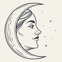 Crescent moon with a woman's face and stars on cream background profile