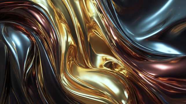 Abstract liquid metal texture with gold, silver, and copper colors swirling together. The image features a blend of metallic shades, creating a visually rich and luxurious feel.