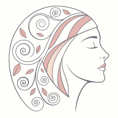 Profile of a woman with swirling hair and leaves on white background face head