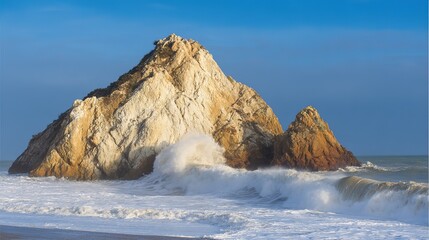 steadfast. A massive coastal rock formation enduring relentless ocean waves under dramatic lighting. travel magazines, destination branding, designed for outdoor magazines and nature guides.