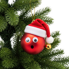 Funny christmas ornament with googly eyes and santa hat hanging on a christmas tree isolated on transparent background