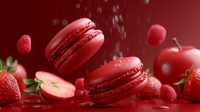 Floating red macarons surrounded by fresh raspberries and apples on crimson background