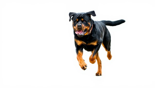 Energetic Doberman Pinscher Running Towards Camera - Isolated on White - Powered by Adobe