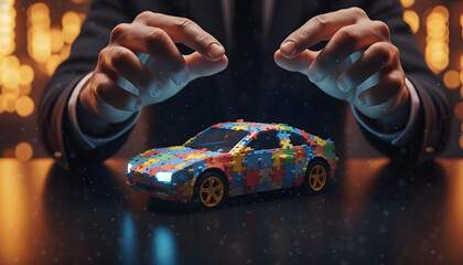 Mans Hands Creating a Futuristic Car with Colorful Puzzle Pieces
