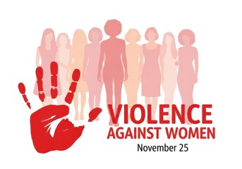 Red handprint symbol in front of a group of women silhouettes, representing violence against women and support