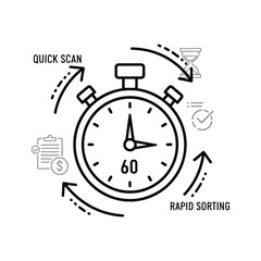 Stopwatch icon with arrows indicating quick scan and rapid sorting for time management