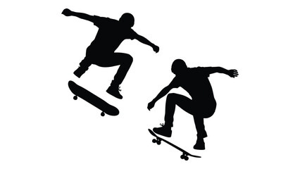 Dynamic skateboarder silhouettes performing tricks isolated on white background, Vector