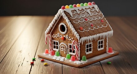A beautifully decorated gingerbread house adorned with festive icing and colorful candies sits on a wooden surface