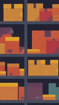 Stylized illustration shows multiple cardboard boxes stacked on a dark blue warehouse shelf, creating an organized pattern with warm orange and brown tones.