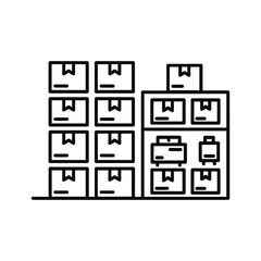 Shelves with stacked cardboard boxes and luggage isolated on