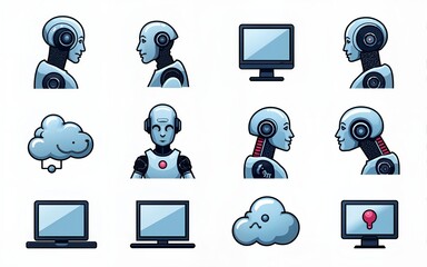 Artificial intelligence icon set. Ai icons, technology, future, science, robots, machine learning, cloud systems, delivery, medical diagnosis, identification etc. High quality