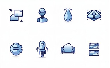Artificial intelligence icon set. Ai icons, technology, future, science, robots, machine learning, cloud systems, delivery, medical diagnosis, identification etc. High quality