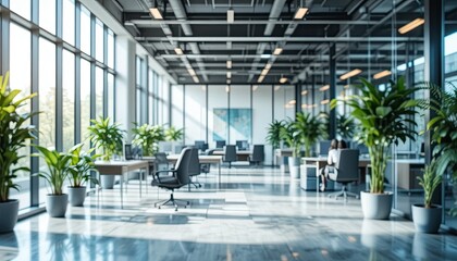 abstract background of an office.  Office space is blurry.  contemporary workspace layout.  Plants, glass walls, and hazy furniture.  Indoor business concept, commercial building, natural light.  Supe