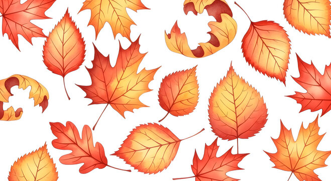 Vibrant watercolor illustration of assorted autumn leaves in warm orange and yellow hues on a white background