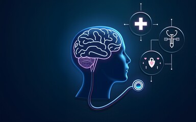Brain organ human and AI chip medical in stethoscope with icon cross, syringe, hospital, doctor. Technology digital health care check up modern. Dark blue background banner vector. High quality