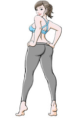 スポーツウェア姿で振り返るポーズの若い女性_腰に手