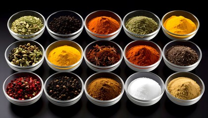 Assortment of Spices in Glass Bowls on Black Background, Culinary Ingredients
