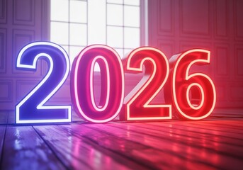 Illuminated year two thousand and twenty six on a wooden surface