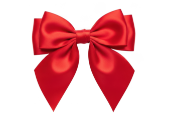 A symmetrical red satin bow with wide loops and pointed tails, isolated on transparent background