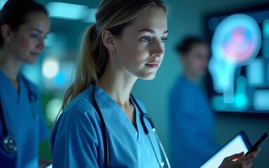 An image combining healthcare with artificial intelligence, showing a medical professional. High quality